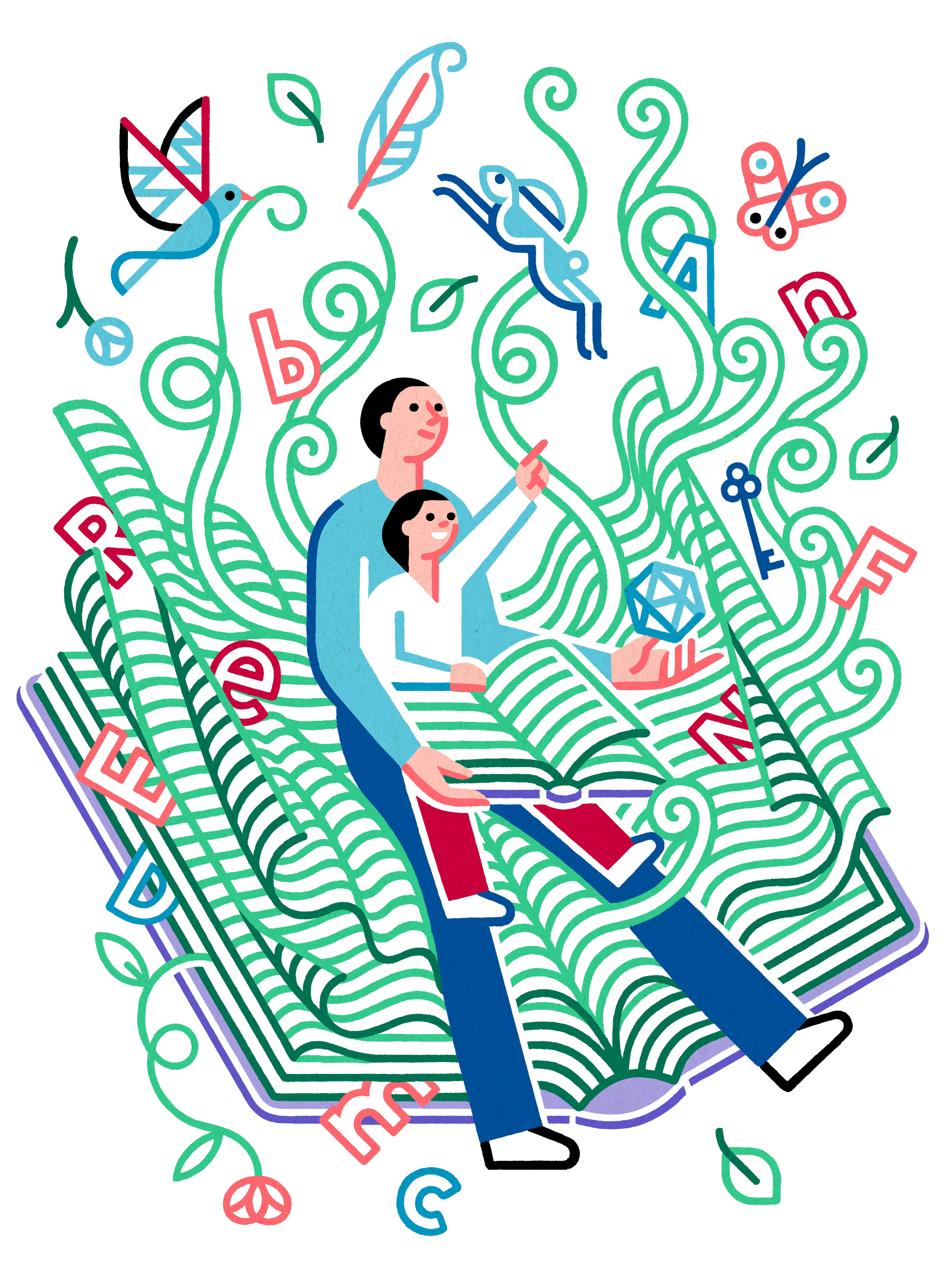 Illustration of two people sitting on a large open book with green leaves, butterflies, birds, and letters around them, symbolizing learning, nature, and creativity.