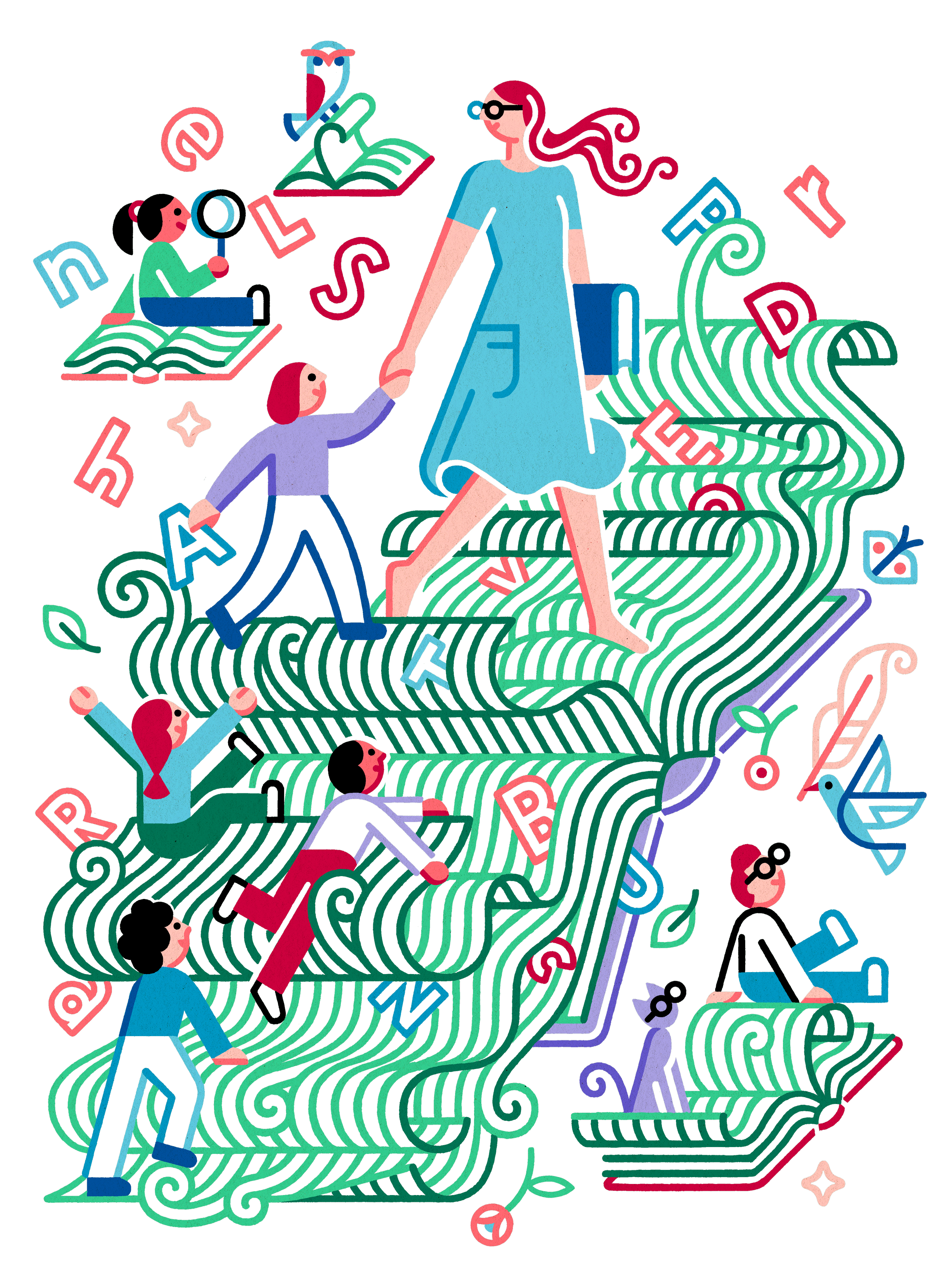 Illustration of a woman in glasses walking on a giant open book with children around her, surrounded by floating letters, a snake with a book on its head, a bird, a squirrel, and a cat, symbolizing learning, reading, and curiosity.