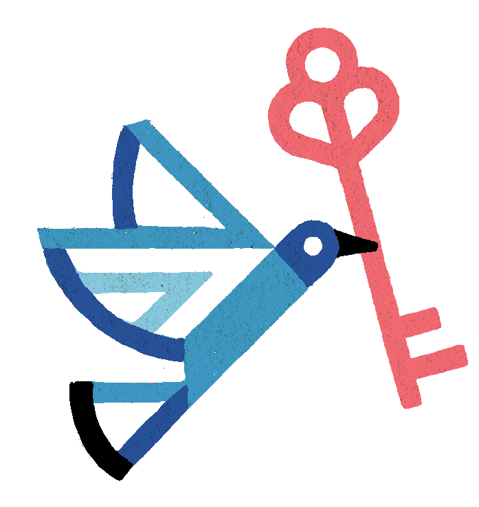 An illustration of a bird holding a key to literacy.