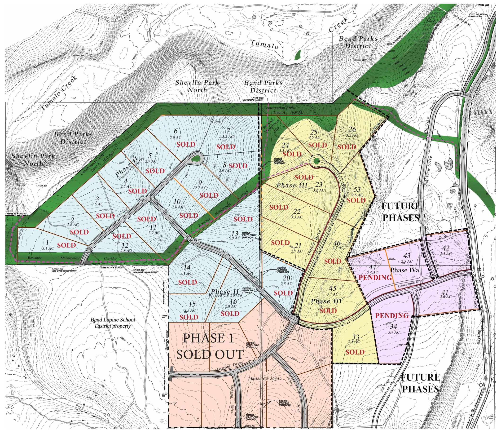 Map of a planned residential community with lots marked as sold, pending, or sold out, streets, green spaces, future phases, and surrounding natural features such as creeks and parks in Bend, Oregon.