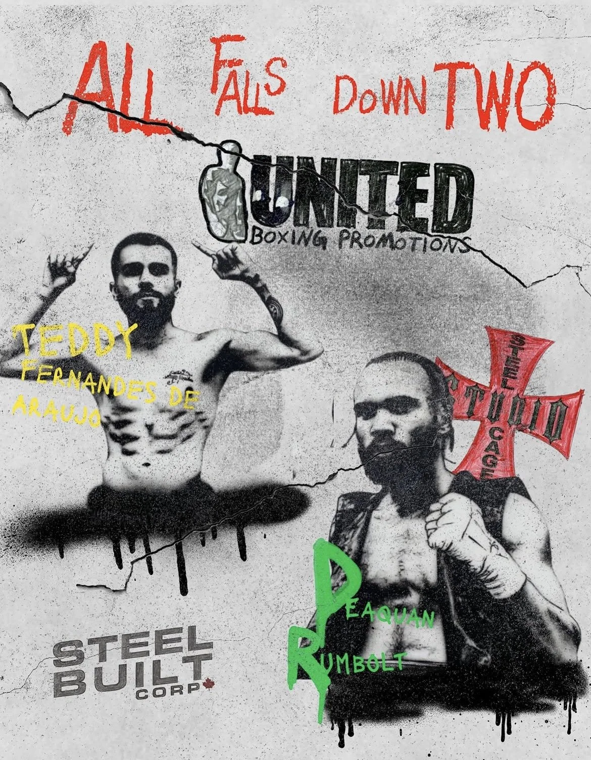 Graffiti mural depicting two male boxers, one flexing his muscles and another with fists raised, with text reading "ALL FALLS DOWN" and various sponsor logos.