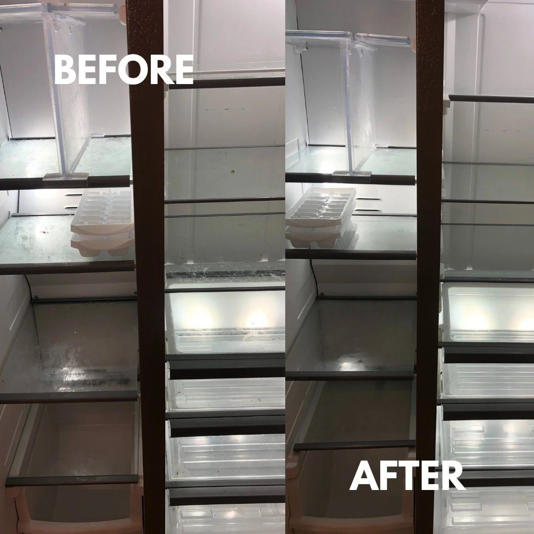 Before and after photo of a deep-cleaned refrigerator in Jenison, MI – expert cleaning service eradicates food residue, spills, and odors for a pristine, hygienic fridge interior.