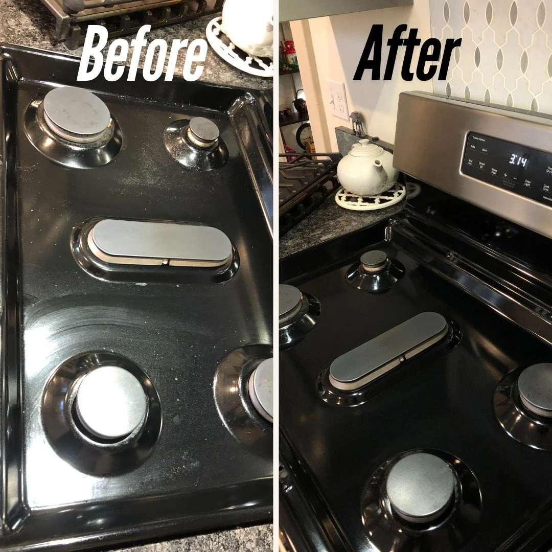 A before and after picture of our stove top cleaning included in every clean in Comstock Park, MI