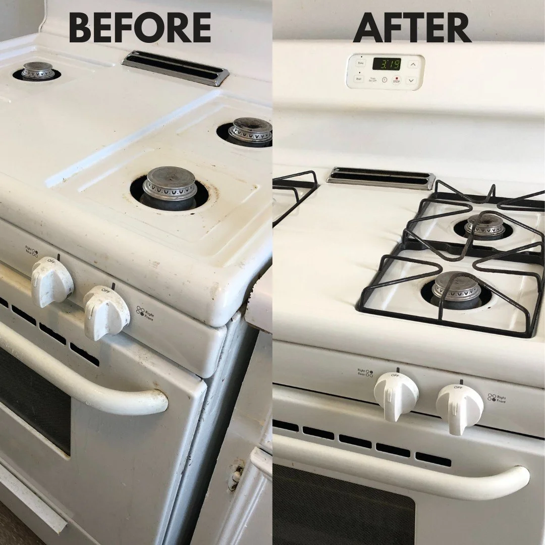 Professional cleaning technician scrubbing and polishing a stove top with eco-friendly products during a cleaning service in Cedar Springs, MI by Snapdragon Cleaning Services.