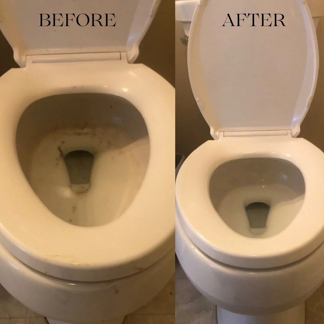 Before and after image of a toilet cleaning transformation in Sparta, MI – expert cleaning service eliminates stubborn stains, disinfects surfaces, and restores a sparkling, hygienic bathroom fixture.