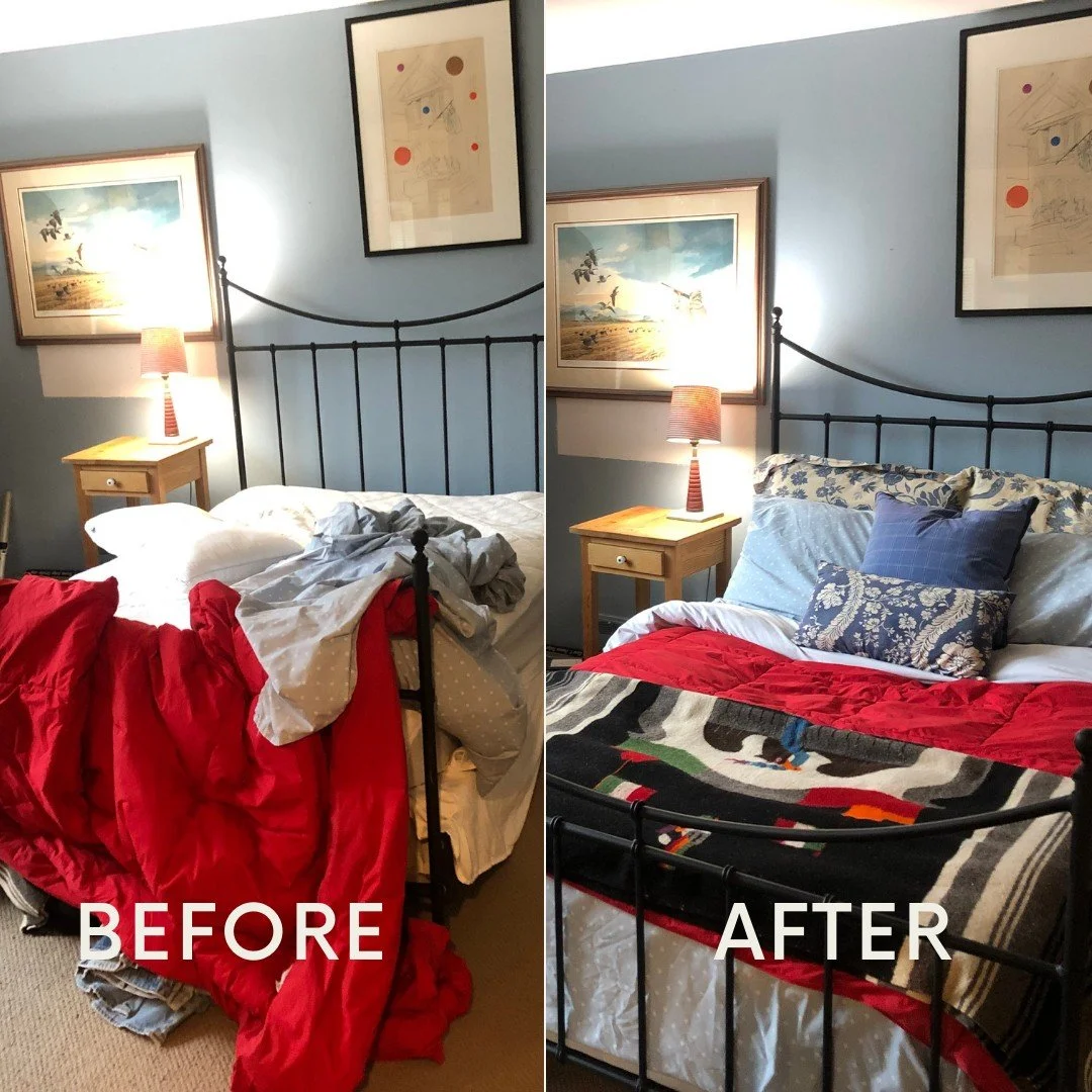 Professional housekeeper making a bed in a Sparta, MI home – expertly arranging crisp linens and fluffy pillows to create an inviting, meticulously organized bedroom.