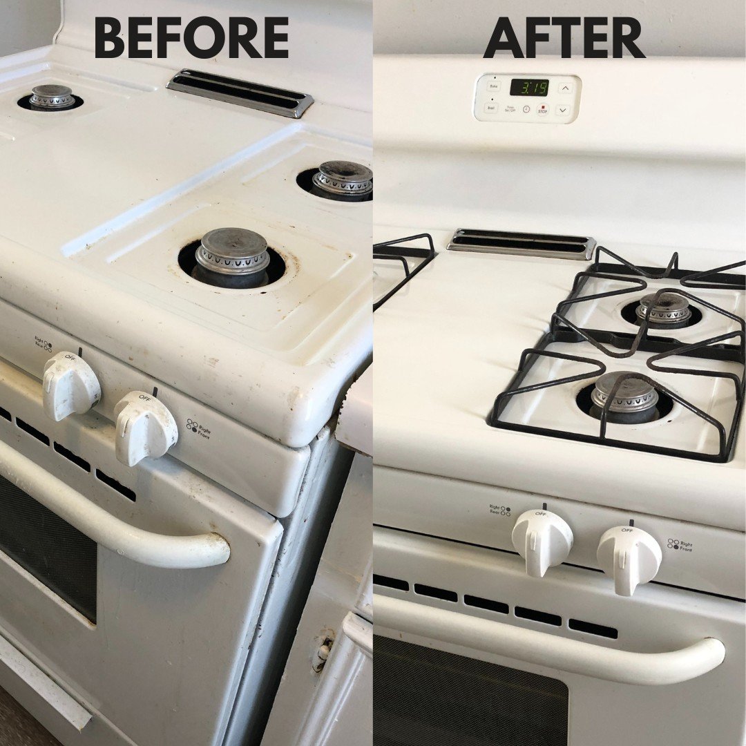 Before and after image of a professional stovetop cleaning transformation in Sparta, MI – expert cleaning service eliminates stubborn grease and burnt-on food residue, revealing a spotless and sanitized cooktop.