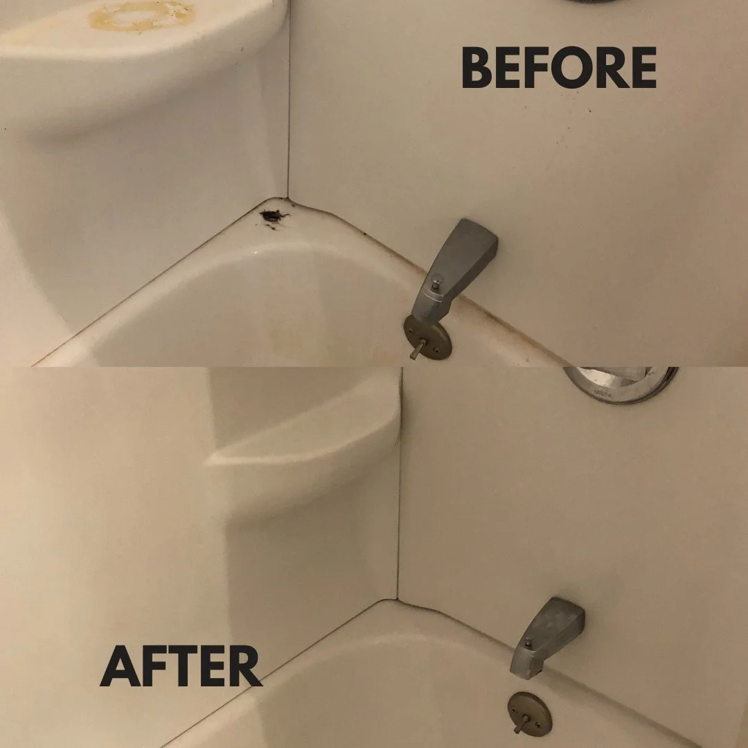 Before and after image of a shower and tub cleaning transformation in Jenison, MI – professional cleaning removes soap scum, stains, and hard water deposits for sparkling, hygienic bathroom surfaces.