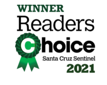 Text reading "WINNER Readers Choice Santa Cruz Sentinel 2021" with a green ribbon and black and green text.