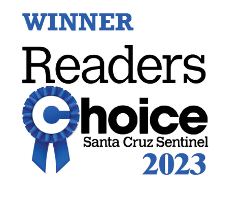 A graphic with the text 'WINNER Readers' Choice Santa Cruz Sentinel 2023,' featuring a blue ribbon graphic inside the letter 'O' of 'Choice'.