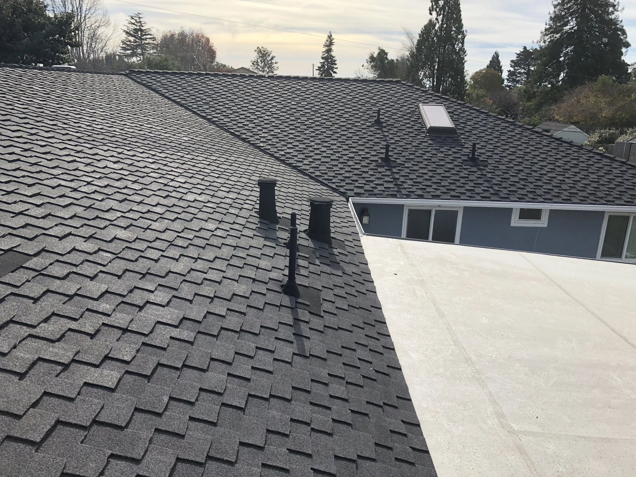 A rooftop with black asphalt shingles, two black vent pipes, and a white flat section adjacent to a blue house with windows. Trees and a cloudy sky are in the background.