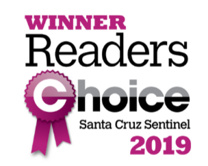 Image of a logo for Readers' Choice award, Santa Cruz Sentinel 2019, with a purple ribbon and bold text.