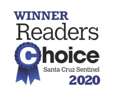 Award graphic for Reader's Choice 2020 from Santa Cruz Sentinel, featuring a blue ribbon and text celebrating the winner.