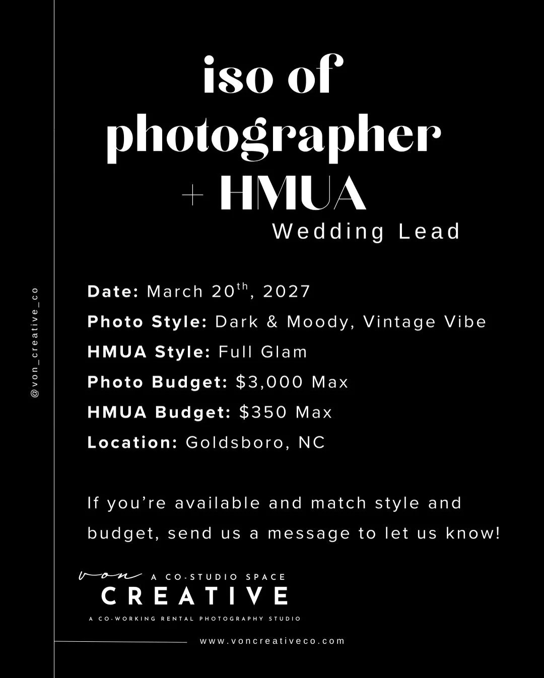 If you are available and match style + budget, please DM us so we can send your information over. 

#ncphotography #wilmingtonncphotographer #goldsboroncphotographer #jacksonvillencphotographer