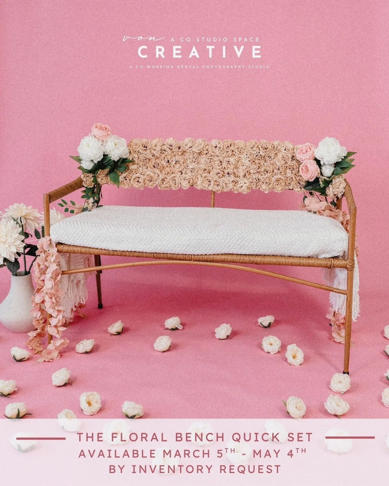 **The Floral Bench** Available with pink seamless or in the cyc wall, this quick set will be available by inventory request until May 4th. 

#jacksonvillencphotographer #wilmingtonncphotographer #raleighncphotographer #newbernncphotographer #beaufort