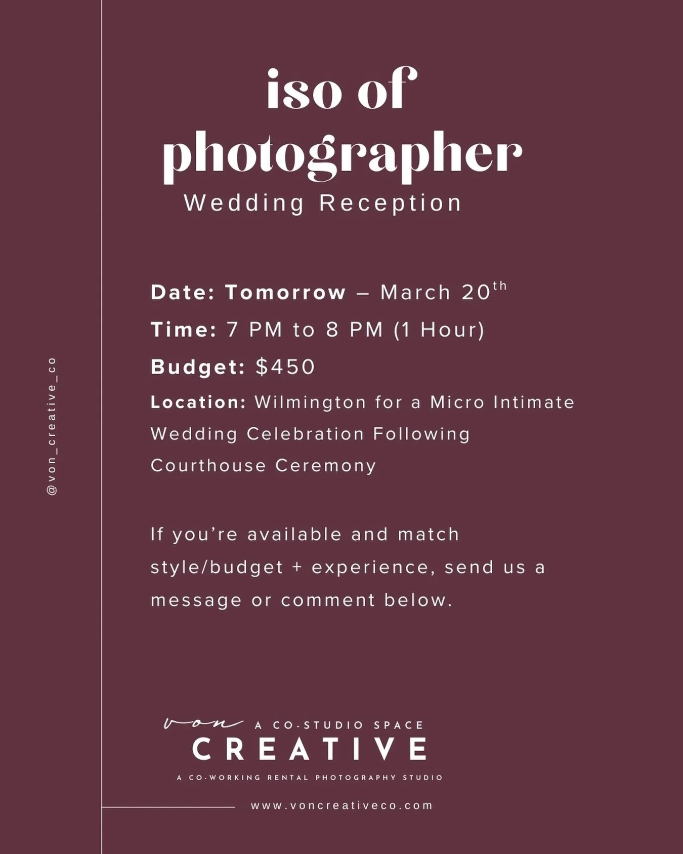 ISO Photographer Lead - Tomorrow, March 20th. One hour of coverage for a micro intimate wedding reception is needed following a courthouse ceremony. 

How do leads work? 
All leads come through the Find a Photographer page of our website and arrive t