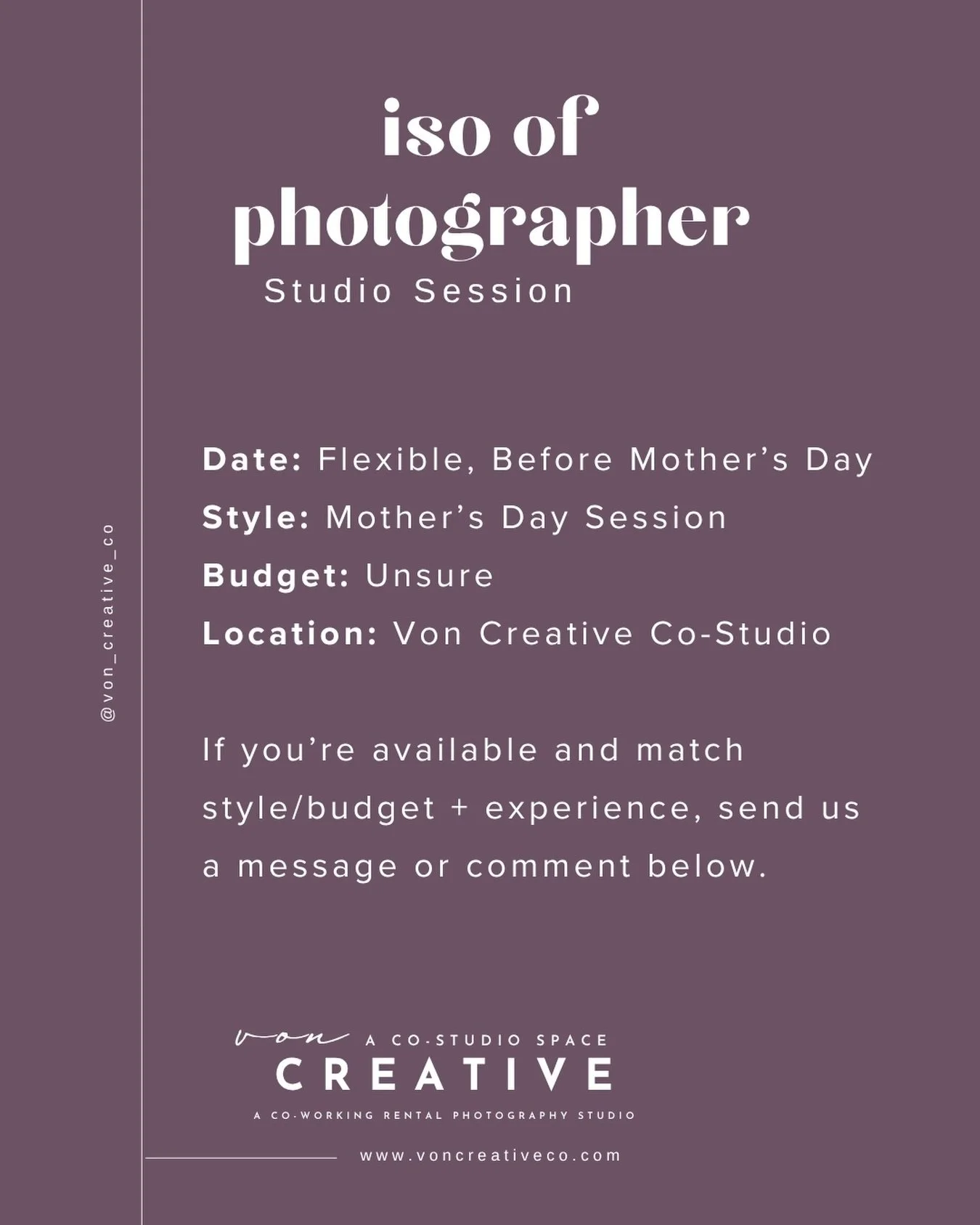 Client ISO of a photographer for a session in the studio. If you have availability for a session before Mother&rsquo;s Day, please comment below. 

Want to stand out from the crowd? If you'd like to pass along pricing with what's included, it helps c