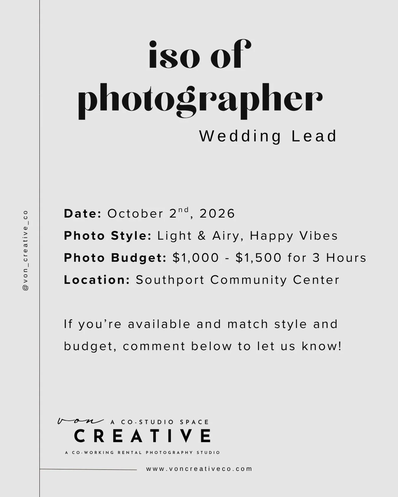 WEDDING LEAD: October 2nd, 2026

Playing matchmaker is our favorite hobby. 🕊️ This wedding lead came through our site because a photographer shared our directory when they weren&rsquo;t available. We love seeing this community energy in action! 

Ev