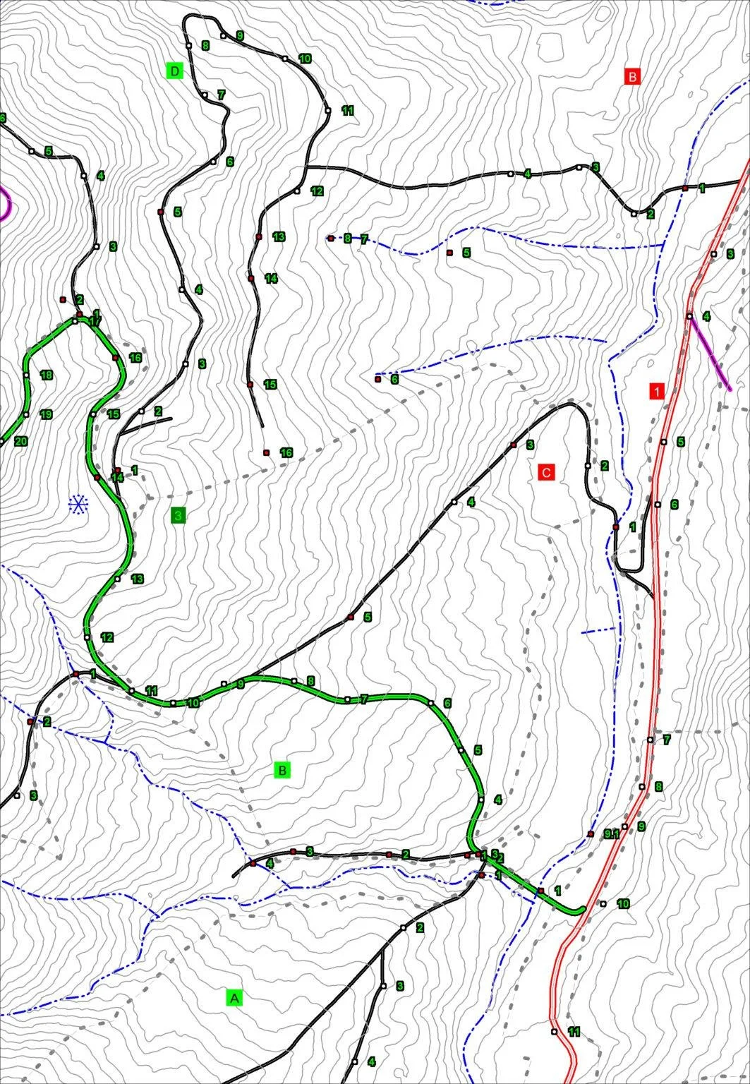 Topographic map displaying trails and routes marked with different colors, including black, green, blue, red, and purple, with labels and numbered points along the routes.