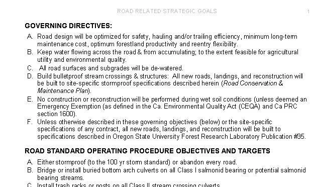Screenshot of strategic goals document for road design and construction standards, including governing directives and road standard operating procedures.