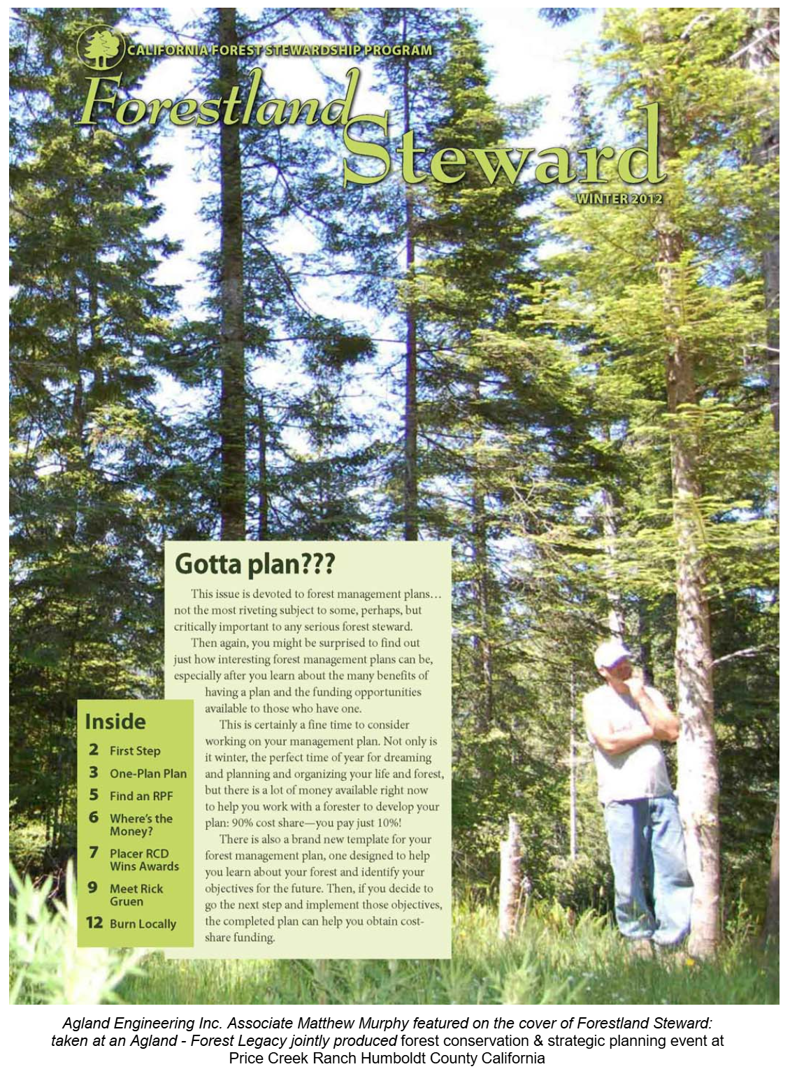 Cover of Forestland Steward magazine, Winter 2012 issue, featuring a man in a forest and a newsletter article about forest management planning.