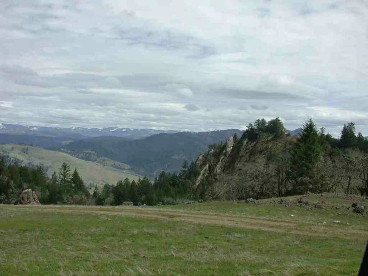 Scenic view of rolling hills and mountains with a cloudy sky, a grassy foreground, and rocky hillside with trees.