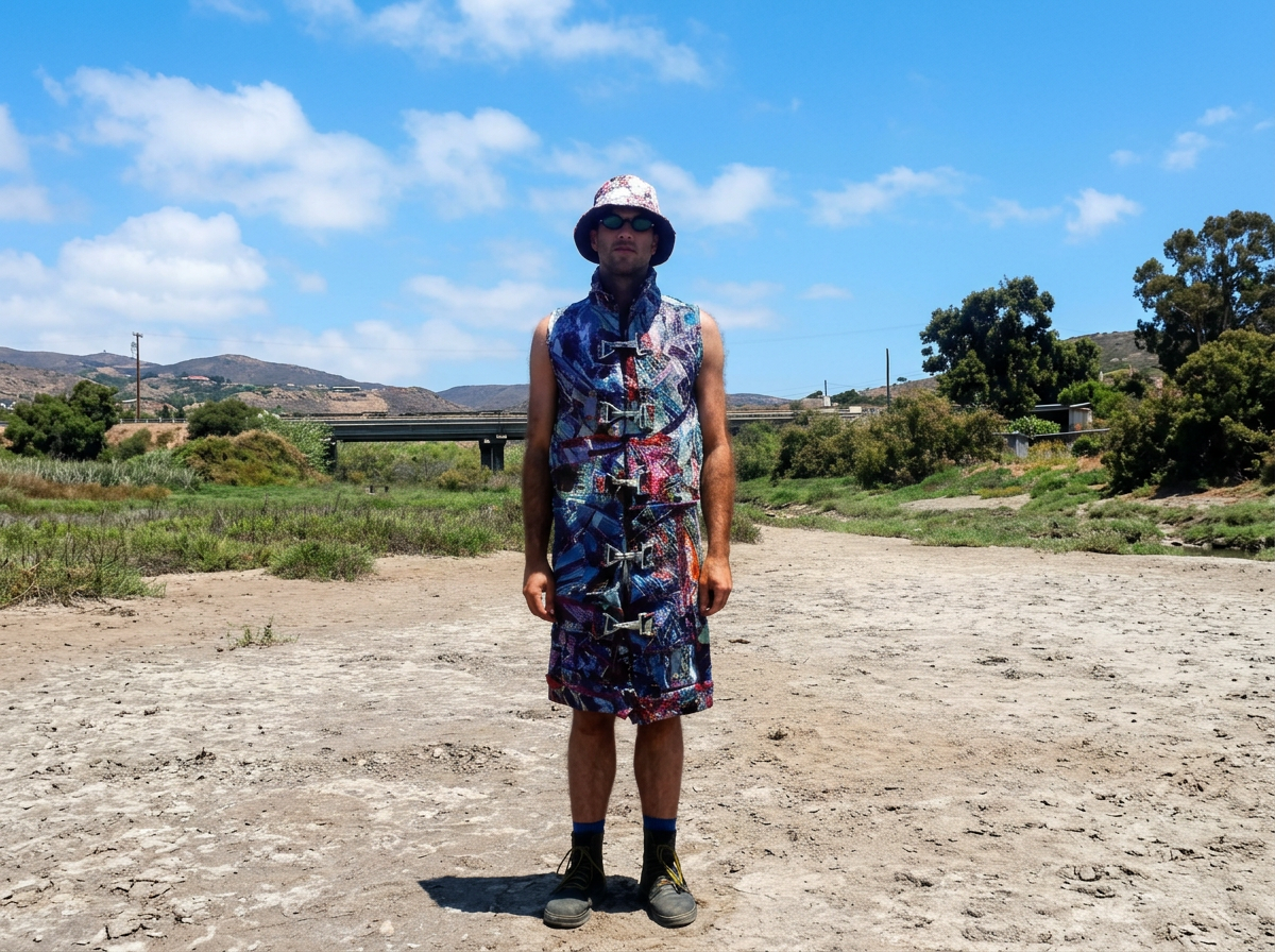 A model wearing a long multicolored patchwork denim overcoat vest with metal parachute clasps and a coordinating bucket hat.