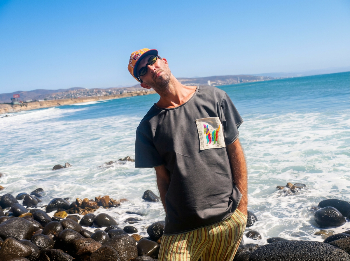 Addison Stonestreet wearing a charcoal denim T-shirt with a colorful embroidered textile pocket while standing on a rocky beach.