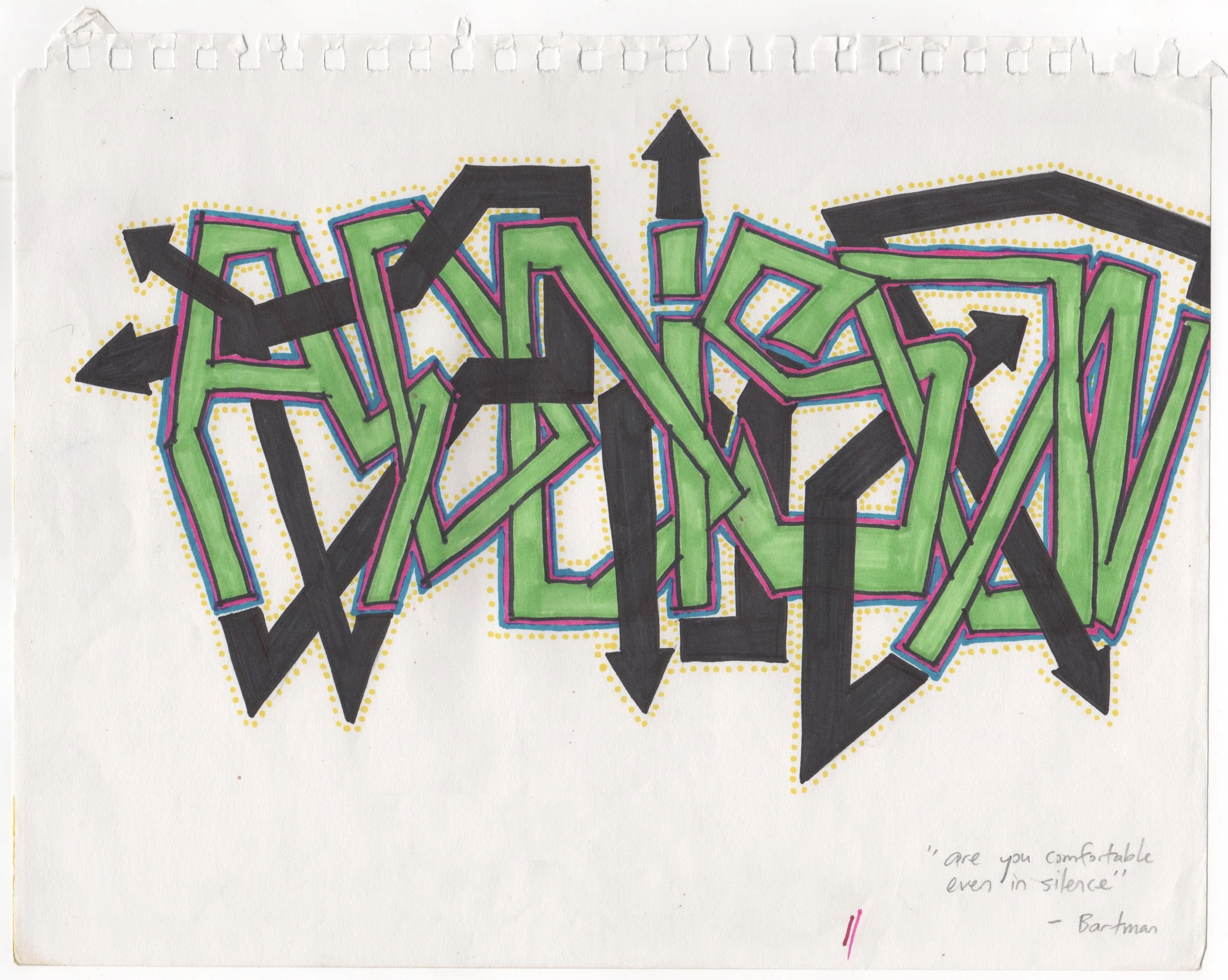 Letterform drawing — green and pink