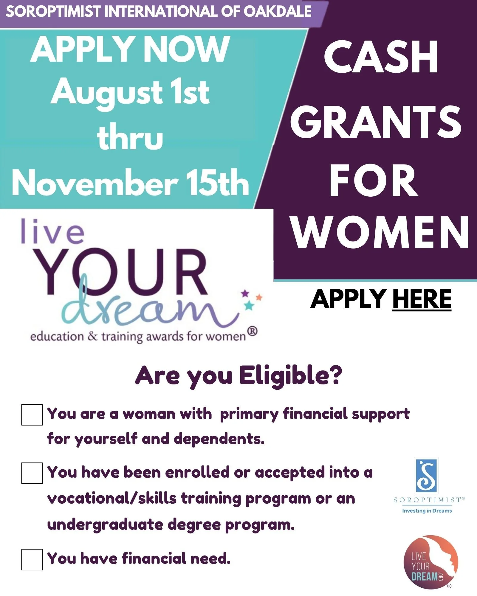 ✨ Big dreams? We can help.
The Live Your Dream Awards give real cash grants to women in OAKDALE who are making it happen &mdash; going to school, raising families, and building a better life.

✅ Are you the primary provider for your family?
✅ Are you