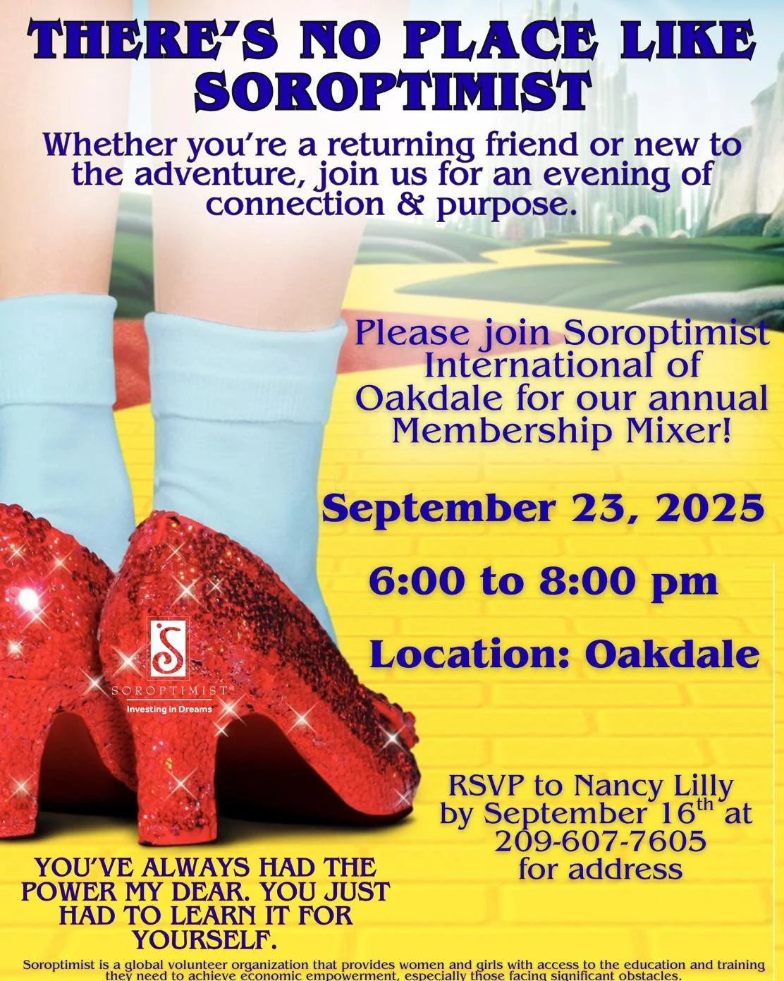 👠 Follow the Yellow Brick Road&hellip; straight to Soroptimist International of Oakdale&rsquo;s Annual Membership Mixer! ✨

Whether you&rsquo;re a returning friend or just beginning the adventure, there&rsquo;s no place like Soroptimist for connecti