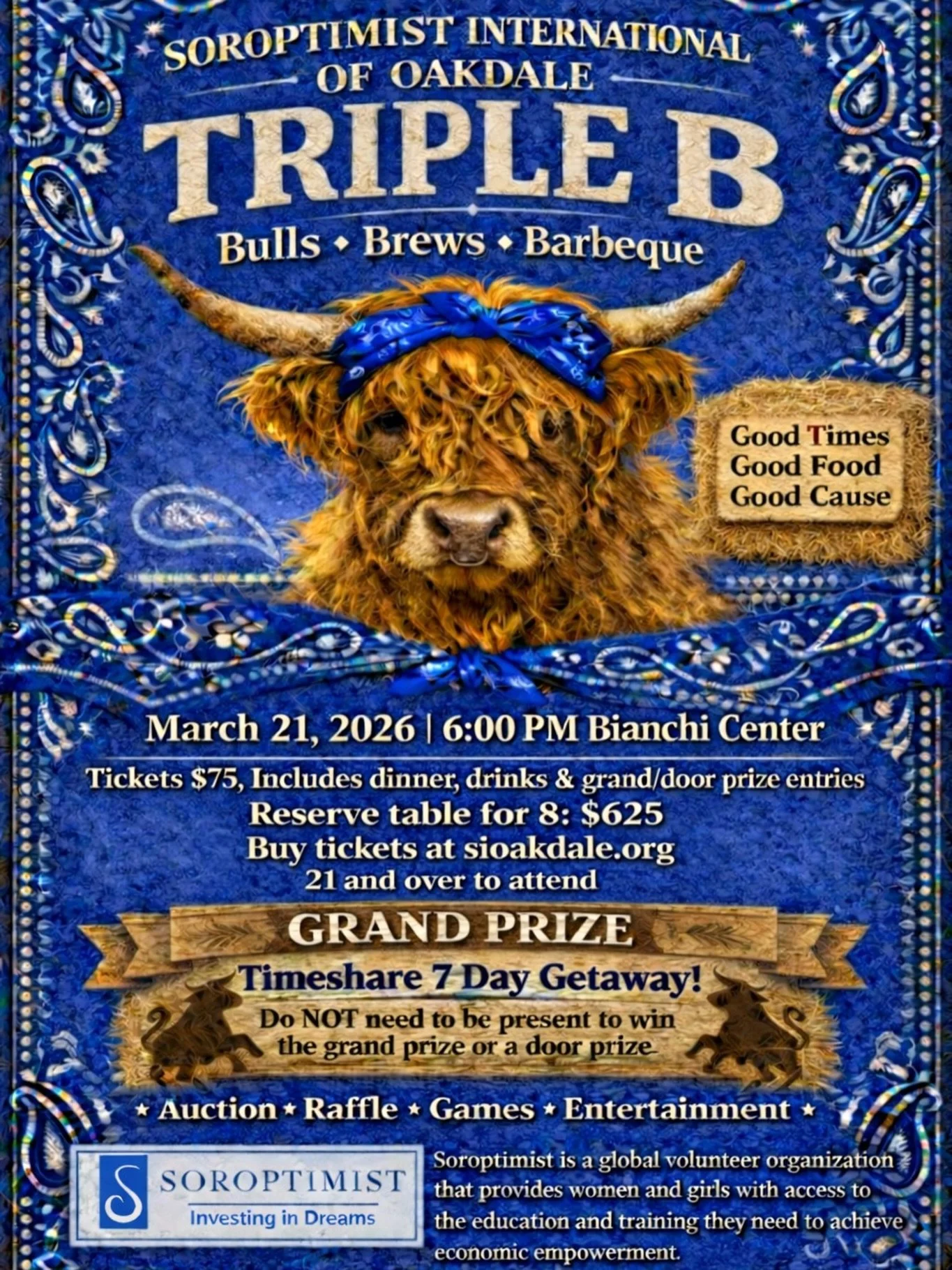 Good times. Good food. Good cause. 💙
Join us for Triple B: Bulls &bull; Brews &bull; Barbecue, Soroptimist of Oakdale&rsquo;s newest fundraiser! One incredible night filled with BBQ, drinks, entertainment, raffles, and prizes&mdash;all while investi