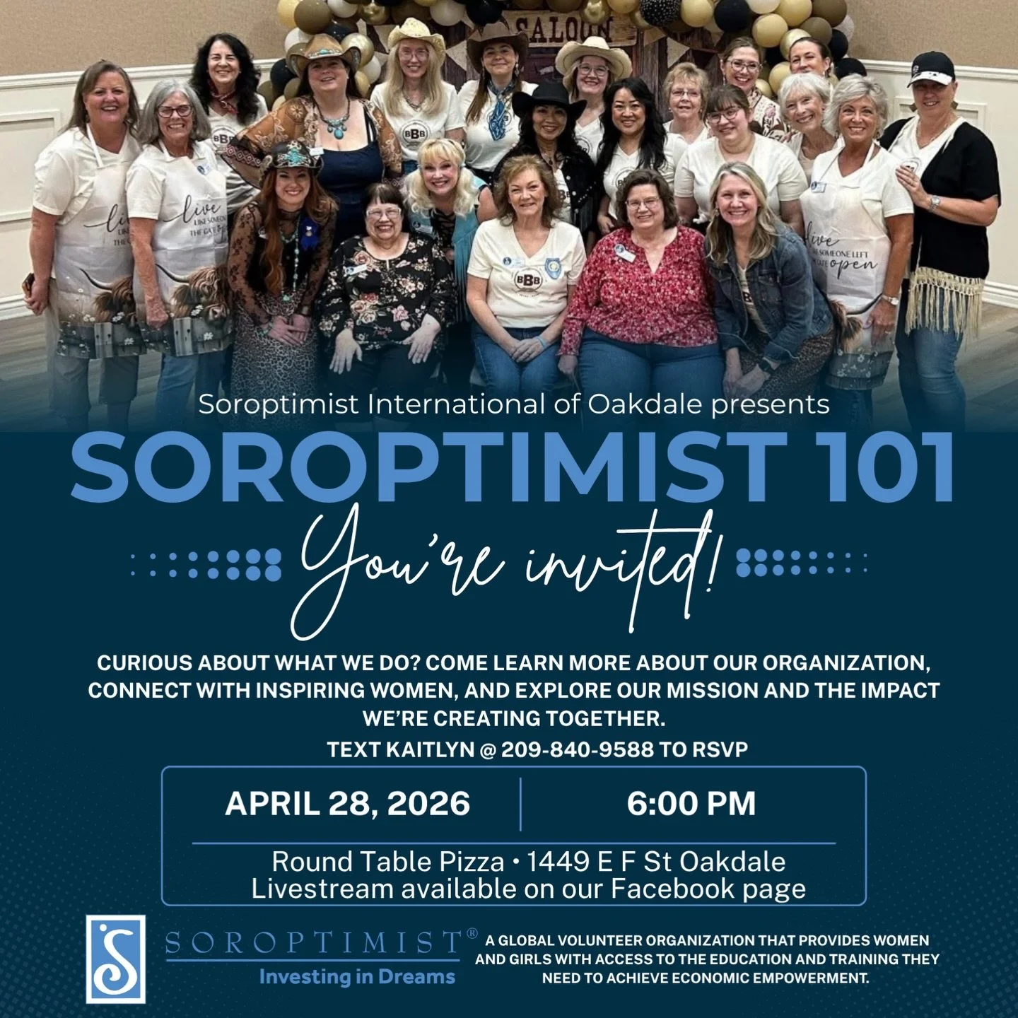 You&rsquo;re invited! 💙
Ever wondered what Soroptimist is all about? Join us for our Soroptimist 101 program meeting and learn how we&rsquo;re empowering women and girls through education, support, and opportunity.

📅 April 28, 2026
⏰ 6:00 PM
📍 Ro