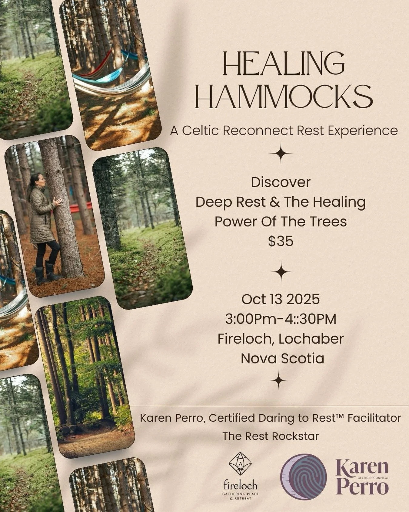 ✨ Healing Hammocks ✨
🍁 A Cozy Fall Nap Under the Trees
🗓️ Monday, October 13, 2025
⏰ 3:00&ndash;4:30 PM
📍 FireLoch, Lochaber, Nova Scotia
💲 $35

🌙 Nestle beneath a sacred canopy of trees. Feel the earth cradle you in a Sleeping Bag Sanctuary (we