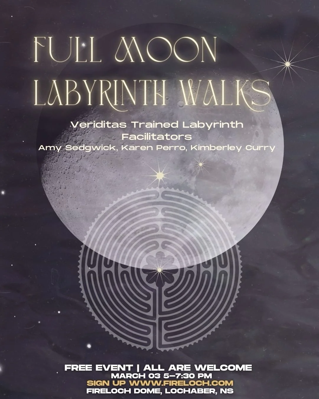 ✨ Full Moon Labyrinth Walk ✨

There are no wrong turns.
Just one shared path&hellip; inward and home again.

Join us under the full moon for a guided labyrinth walk &mdash; a moving meditation experienced together in community.

🌕 Walk side by side 
