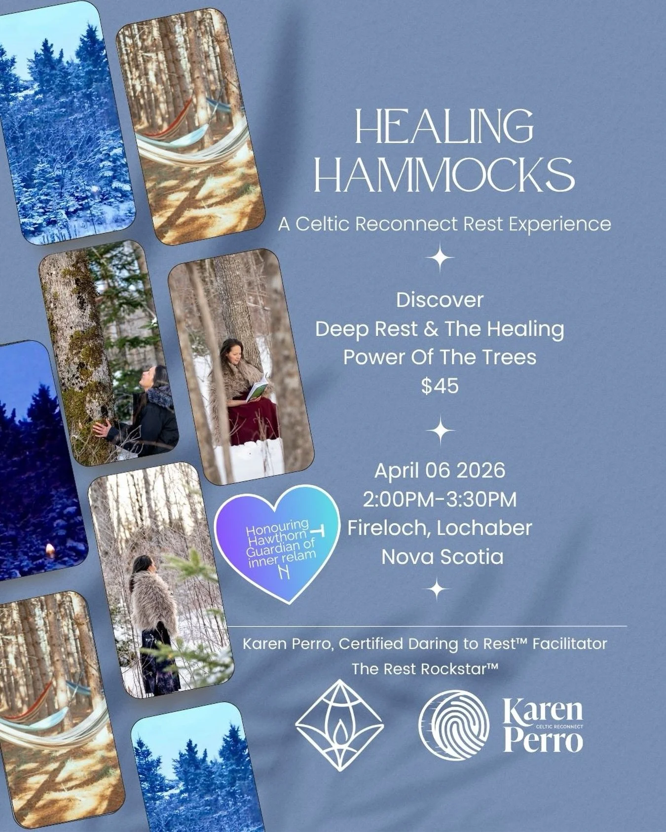 ✨Healing Hammocks✨
🌲 A Cozy Nap Under the Trees
🗓️ Monday, April 06 2026
⏰ 2:00&ndash;3:30 PM
📍 FireLoch, Lochaber, Nova Scotia
💲 $45

☕️ Arrive to a warm cup of Hawthorn Tea, lovingly blended by the beautiful Kimberly Curry of @harbourmoonbotani