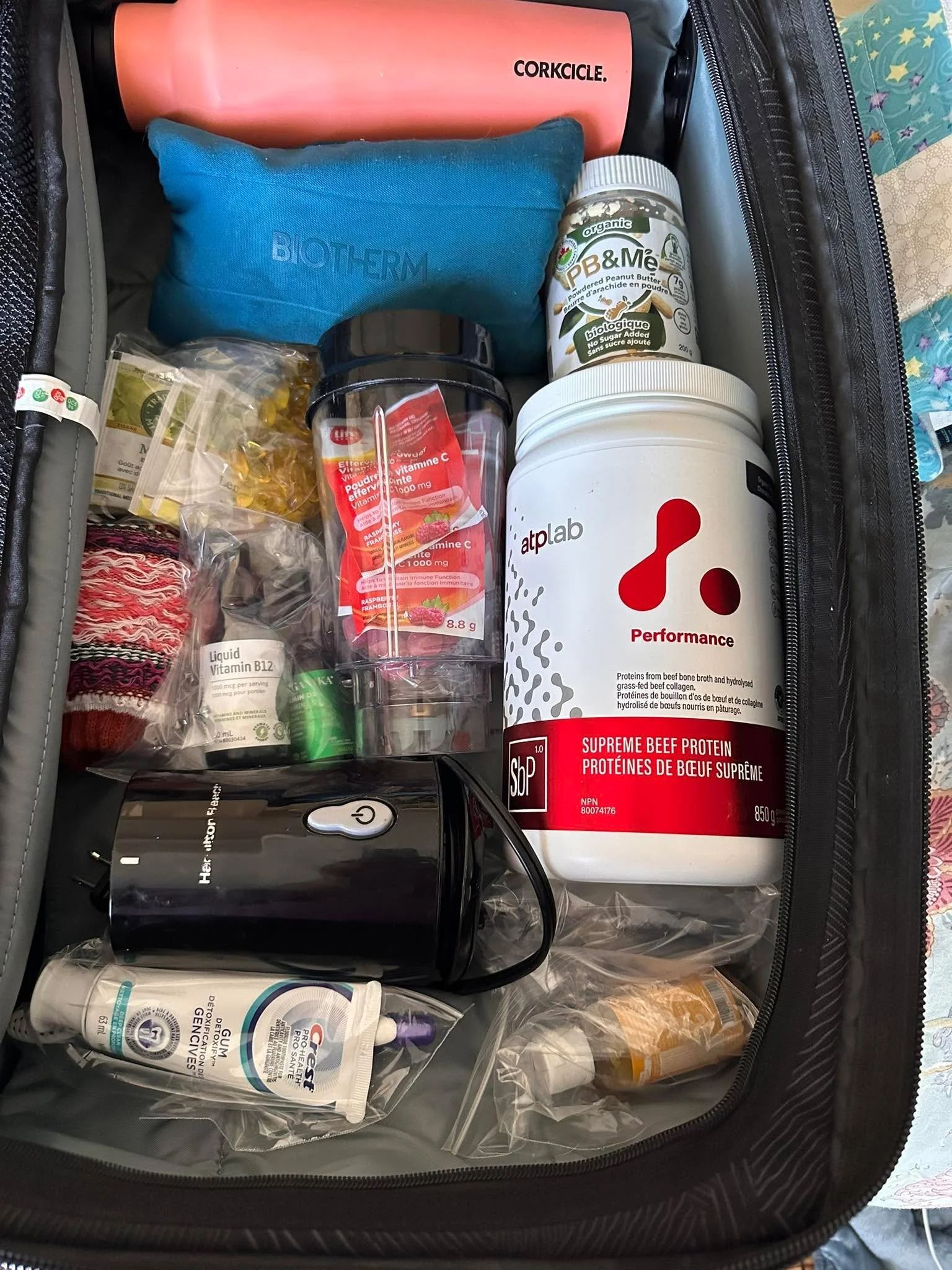 As I was packing at this very moment I realized..This is an over 40 year olds luggage!!🤣 One side is full of supplements and even my friggin travel size blender! 😆 
I need to stay healthy and have lots of rest + recovery for my back to back advance