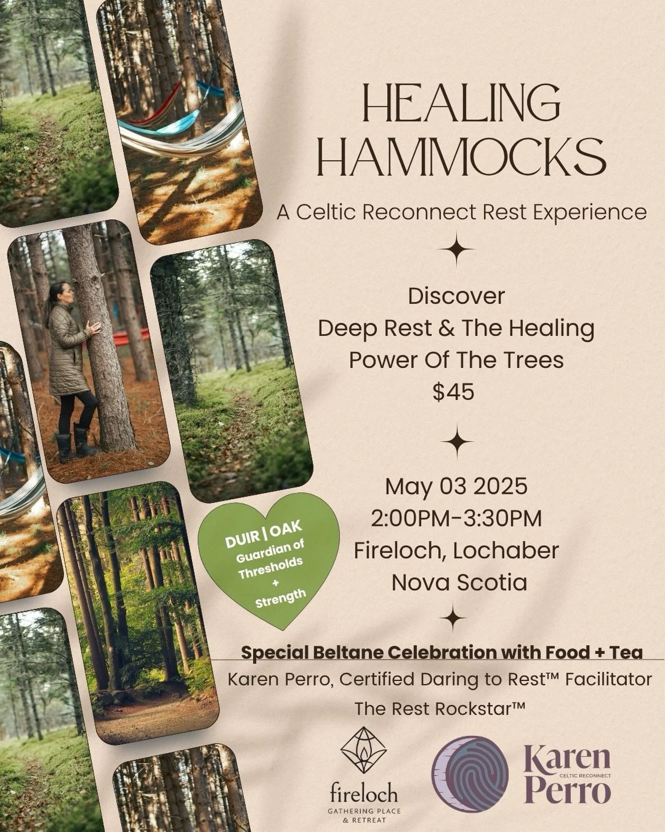 ✨Healing Hammocks✨
🌲 A Cozy Nap Under the Trees
🗓️ Sunday May 03 2026
⏰ 2:00&ndash;3:30 PM
📍 FireLoch, Lochaber, Nova Scotia
💲 $45 + HST 

☕️A Special Celebration for Beltane with food + Tea! 

🌿 As you ease into rest, ancient wisdom will find y
