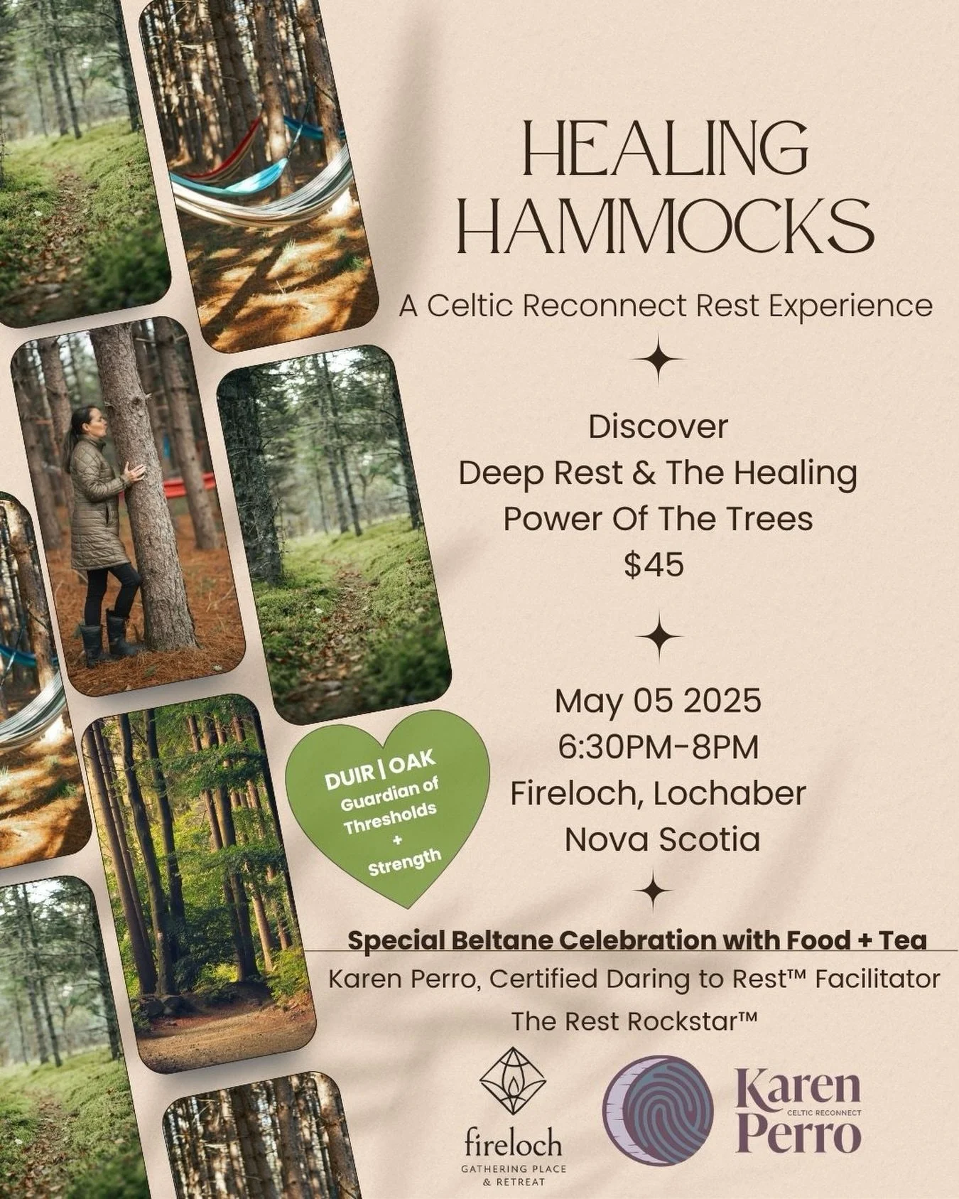 ✨Healing Hammocks✨ New Date! 
Join us for a Sunset Healing Hammocks Session! 
🌲 A Cozy Nap Under the Trees
🗓️ Tuesday May 05 2026
⏰ 6:30PM-8:00PM
📍 FireLoch, Lochaber, Nova Scotia
💲 $45

☕️A Special Celebration for Beltane with food + Tea! a beau