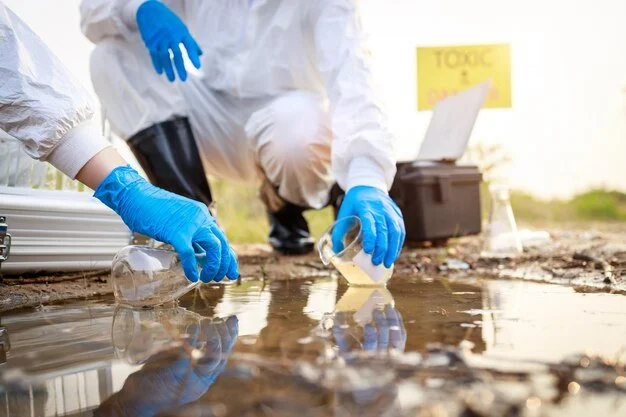 Environmental Scientists Testing Water From A Hazardous Material Spill