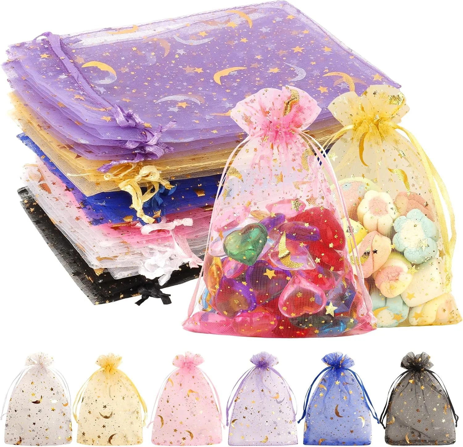 Sets of small star and moon-themed gift bags in various colors, including black, blue, pink, purple, yellow, and white, with some filled with heart-shaped and fluffy marshmallow candies.