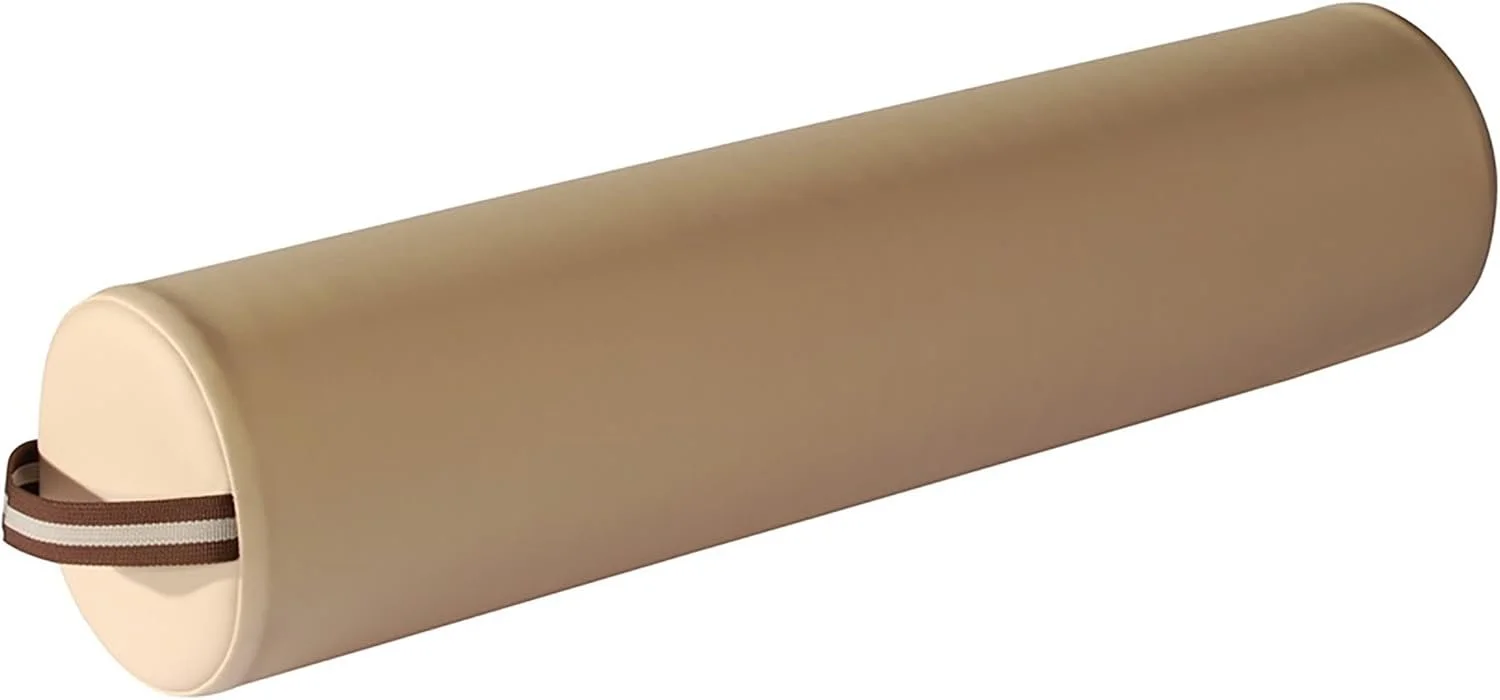 A cylindrical beige-colored travel or sleeping pillow with a handle on one end.