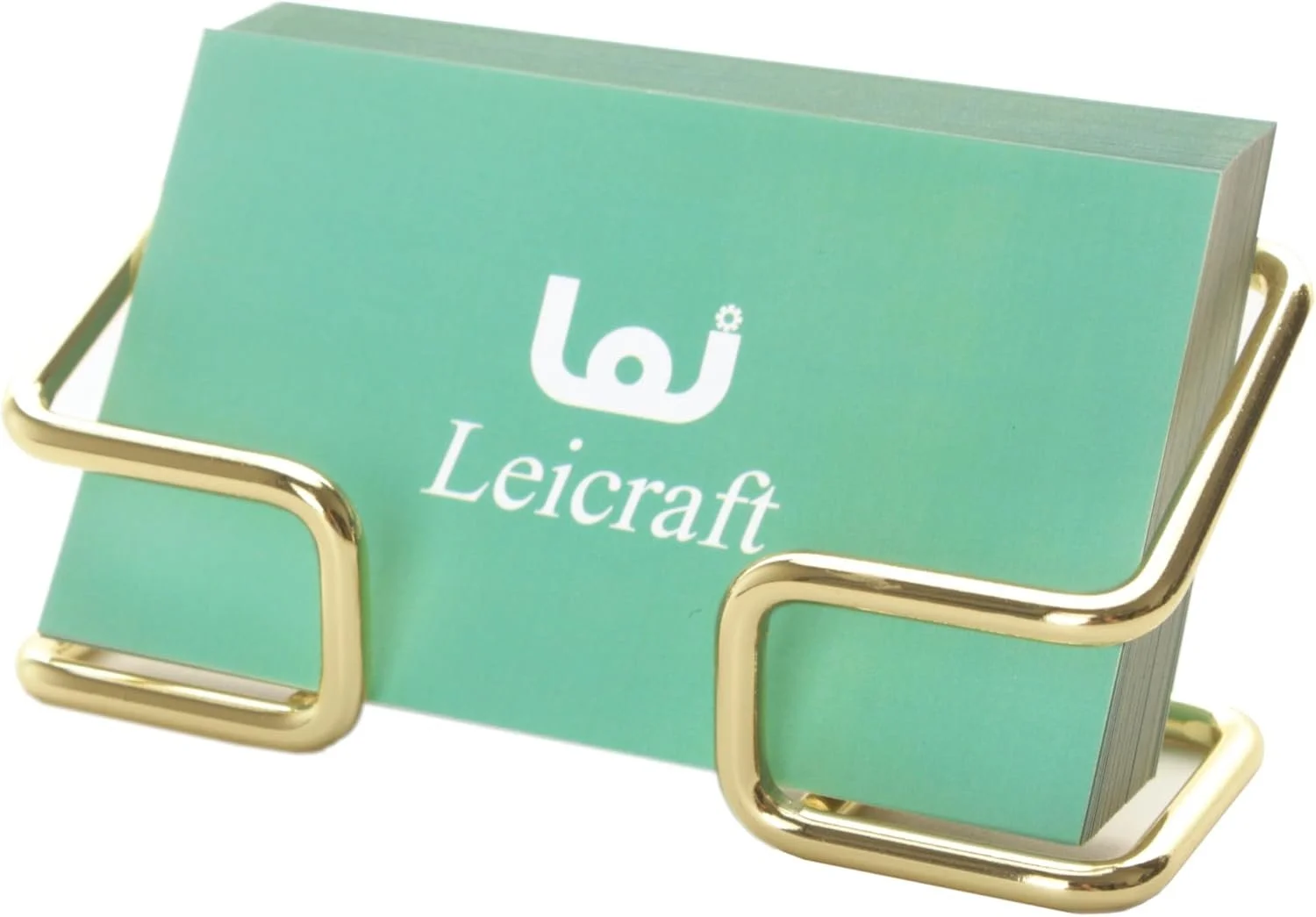 Stack of business cards placed in a gold cardholder with 'Leicraft' printed on the top card.