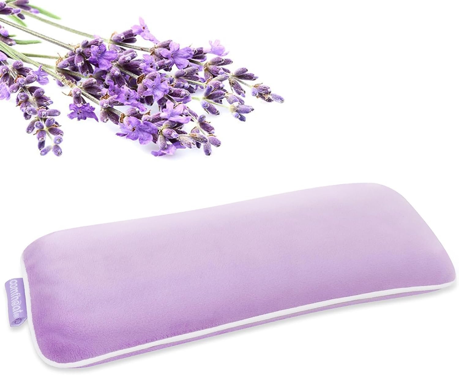 A bunch of lavender flowers and a purple gel cushion on a white background.