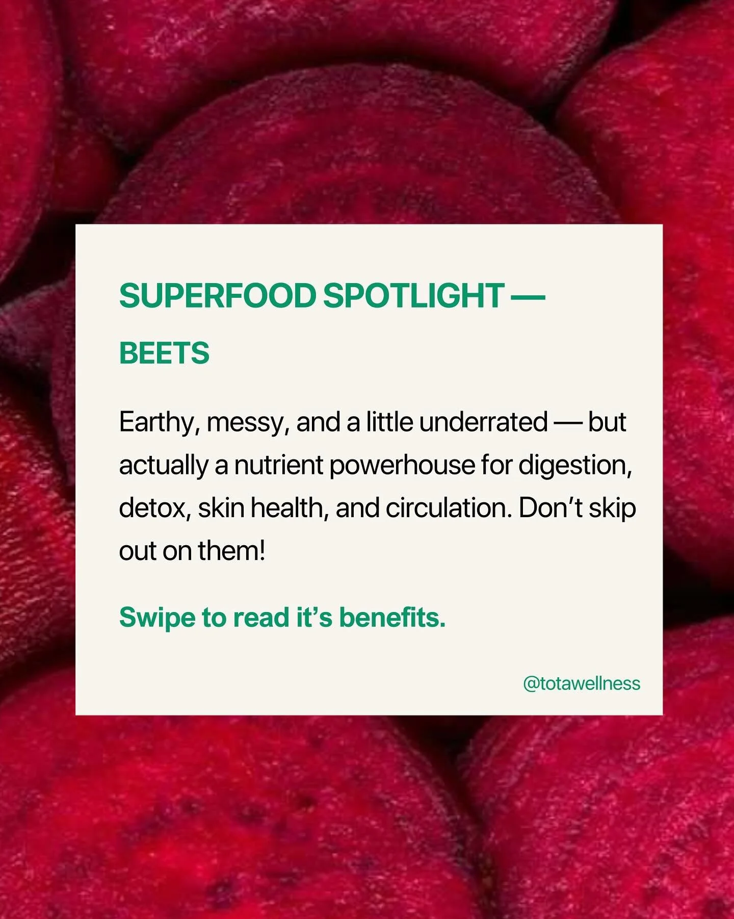 SUPERFOOD SPOTLIGHT : BEETS 
Earthy, messy, and a little underrated &mdash; but beets are actually a nutrient powerhouse! 

Here&rsquo;s why I love them (and recommend them to clients):
&mdash; DIGESTIVE HEALTH &rarr; fiber to fuel gut bacteria + sup