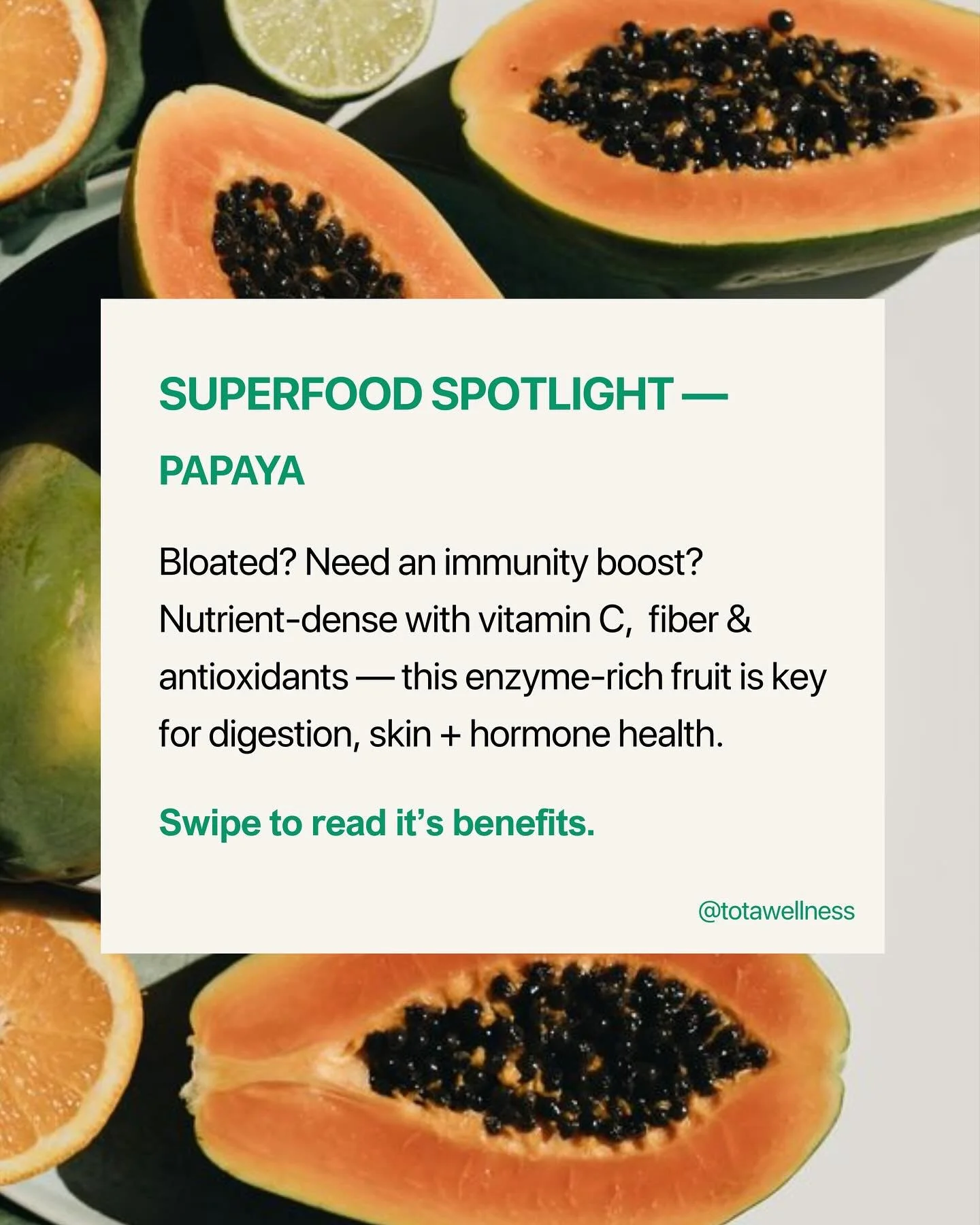 SUPERFOOD SPOTLIGHT &mdash; PAPAYA

Bloated? Need a glow + immunity boost?
Papaya is nutrient-dense with vitamin C, fiber &amp; antioxidants &mdash; nature&rsquo;s enzyme-rich fruit for digestion, skin + hormone health.

In honour of my last 10 days 