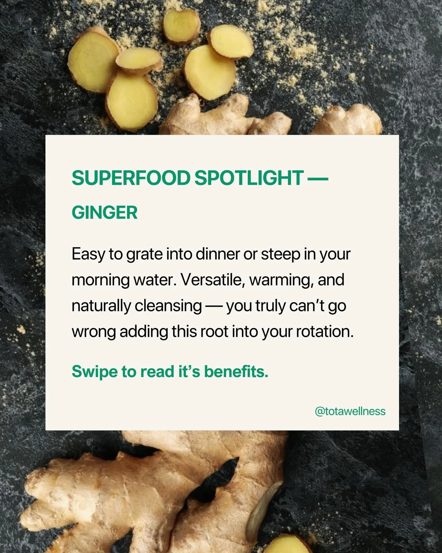 SUPERFOOD SPOTLIGHT &mdash; GINGER 

One of my personal favourites. It&rsquo;s so easy to integrate into your diet - morning, afternoon or evening. And the benefits are immense! 

Warming, soothing, and naturally cleansing &mdash; this root has been 