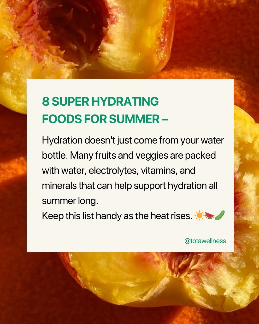 Hydration tip for summer : don&rsquo;t just drink your water, eat it too! 🍉🥒 💧

As the temperatures rise, don&rsquo;t forget that many fruits and veggies can help support hydration too. Think watermelon, cucumber, strawberries, tomatoes, peaches, 
