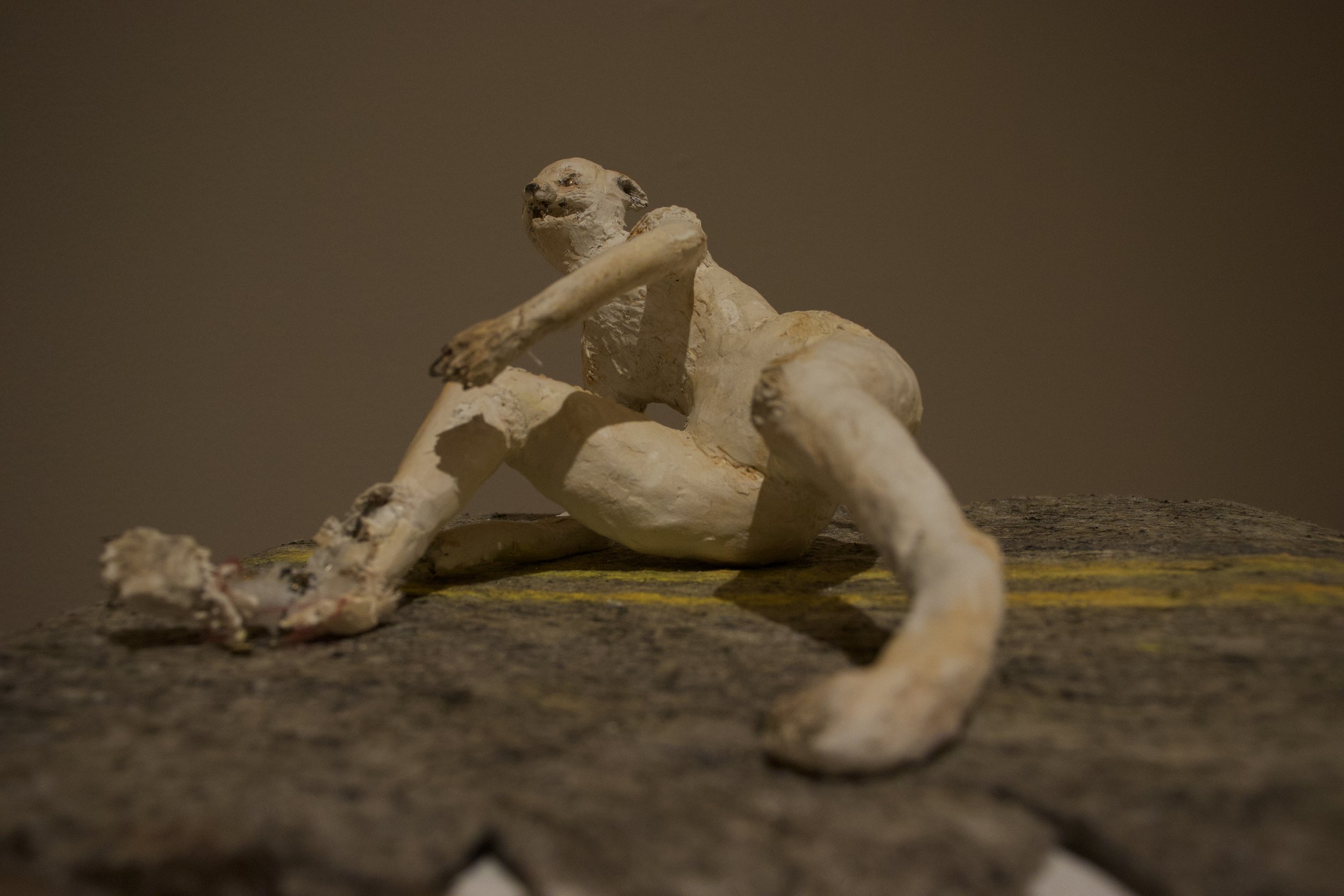 "The Fox" (2025) materials: aluminum wire, discarded plastic bags, yarn, cotton gauze, plaster, paper clay, mixed metals, pastels