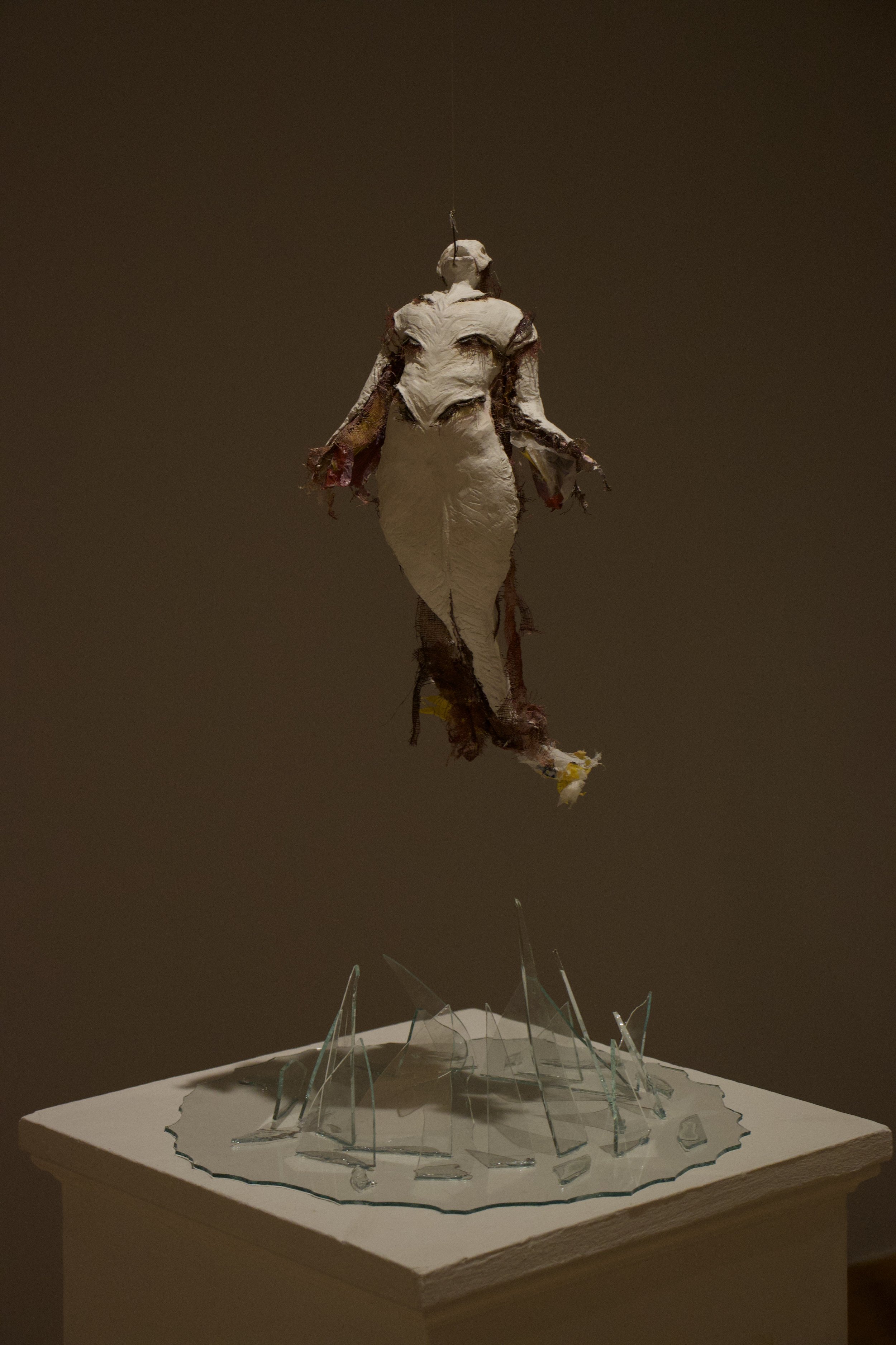 "The Fish" (2025) materials: aluminum wire, discarded plastic bags, yarn, cotton gauze, plaster, paper clay, mixed metals, pastels